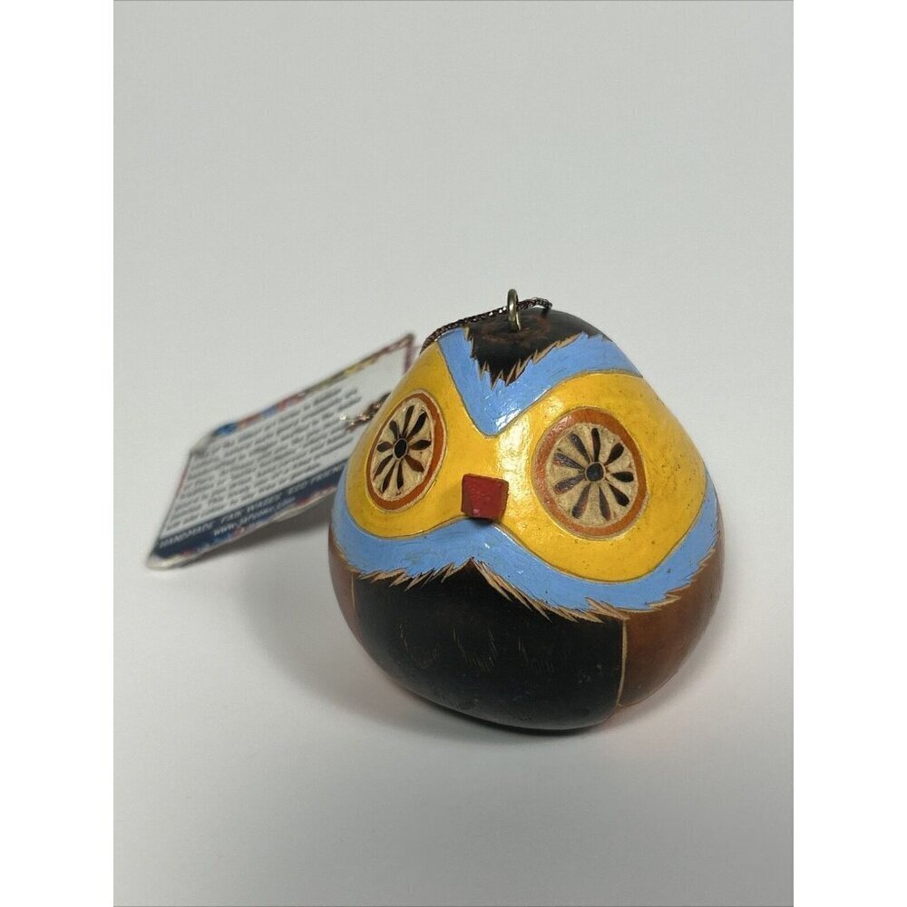 Hand-Painted/Carved South American Yellow &blue Owl Gourd Folk art Ornament